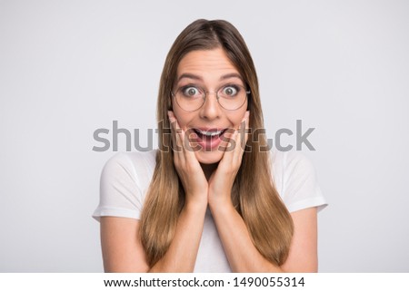 Photo of pretty manager lady listening unexpected good news wear specs and t-shirt isolated white background