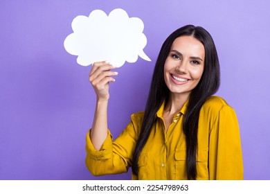 Photo of pretty nice person arm hold empty space cloud shape card isolated on violet color background - Shutterstock ID 2254798963