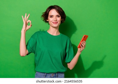 Photo of pretty positive girl hold telephone arm fingers demonstrate okey isolated on green color background