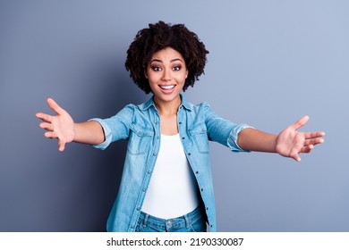 Photo Of Pretty Positive Lady Raise Opened Arms Welcome You Cuddle Isolated On Grey Color Background