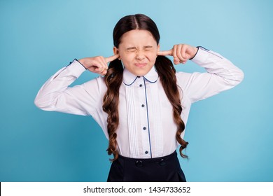 Photo Of Pretty School Lady Eyes Closed Hands Fingers Hide Ears Noisy Classroom Classmates Wear White Shirt Isolated Blue Background