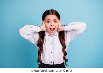 Photo Of Pretty School Lady Hands Fingers Hide Ears Noisy Classroom Yelling Classmates Wear White Shirt Isolated Blue Background