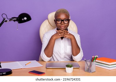 Photo Of Pretty Serious Short Hair Lady Wear Smart Casual Look Working Office Table Isolated Purple Color Background