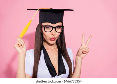 Photo of pretty shiny lady end study hand v-sign symbol send air kiss wear headwear mortar board tassel white top isolated pink background