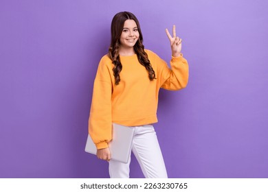 Photo of pretty sweet lady wear orange sweatshirt showing v-sing holding modern gadget isolated violet color background