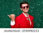 Photo of pretty sweet santa claus guy dressed red jacket glasses pointing back empty space isolated green color background