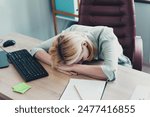 Photo of pretty tired woman working hard in modern office company room indoors workplace workshop