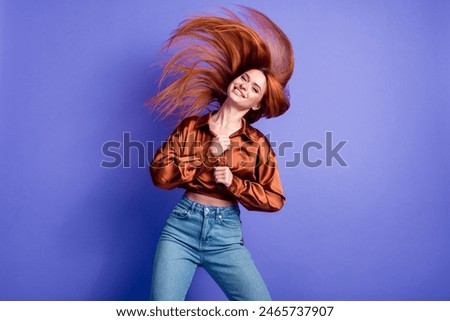 Similar – Image, Stock Photo young woman in red dress looking down, smiling in the garden backlit with sunshine. summer outdoor lifestyle portrait.