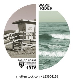 Photo Print California Beach , Tee Shirt Graphics, Wave Rider Surf, 