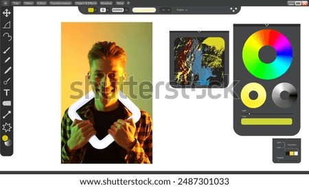 Photo processing using graphic editor. Interface of software for designers