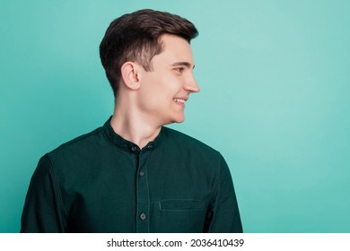 Photo profile side of young business man employer look empty space isolated turquoise background