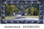photo of railroad bridge at the confluence of two forks of the Clearwater River above Orofino ID framed with a custom digital frame made from the railings on the bridge