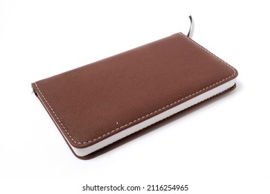 Photo Realistic Brown Leather Notebook Mockup On Light White Background