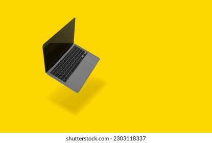 Photo of realistic modern laptop floating in front of a yellow background - Powered by Shutterstock