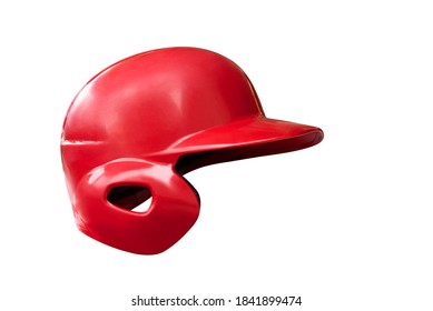 Photo A Red Batter's Helmet Baseball Sport Team Baseball Batting Helmet With One Ear Protect. Red Color And Side View. Sport Equipment Isolated On White Background. This Has Clipping Path.    