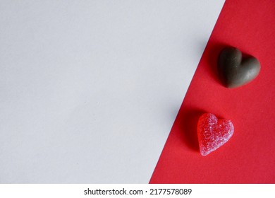 Photo Of Red Jelly Candy Hearts On Red And White Background