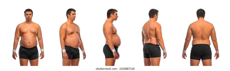 Photo reference pack with anatomy of fat man want to lose weight and become a slim athlete. Front, back, side, profile view. Fitness concept.