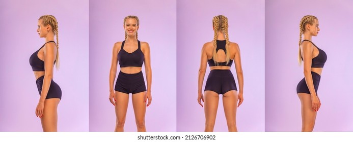 Photo Reference Pack With Anatomy Of Fit Woman Athlete. Front, Back, Side, Profile View. Fitness Concept.