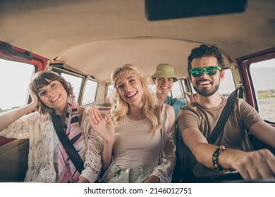Photo of relaxed funny friends enjoy road tourism lady wave hand webcam wear boho outfit nature seaside outdoors