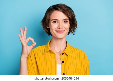 Photo of reliable nice lady show okey sign fingers approve choice wear yellow shirt isolated blue color background