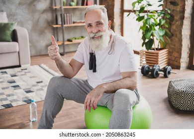 Photo of retired gray haired pensioner show thumb up sit green fit ball smile indoors inside house home gym