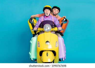 Photo Of Retired Pensioner Grey Haired Couple Biker Ride Husband Wife Vacation Wear Helmet Isolated On Blue Color Background