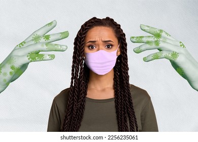 Photo retro pinup collage picture image of worried nervous girl unknown illness arm bacteria wash hygiene isolated on painted background - Shutterstock ID 2256235061
