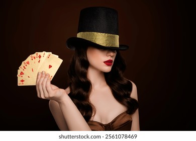 Photo of rich stunning mysterious gorgeous lady playing poker isolated on brown color background