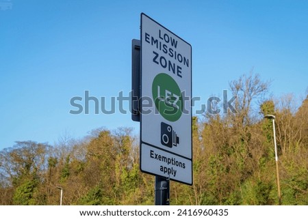 Photo of the road sign for the Low Emission Zone with copy space