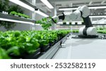 Photo of a robot arm caring for plants in an indoor farm