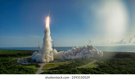 Foto de un cohete lanzándose al espacio. Cohete volando alto en el cielo azul sobre las nubes. Despegue del cohete. Un géiser en erupción. Cohete en las nubes. Elementos de esta Imagen proporcionados por la NASA