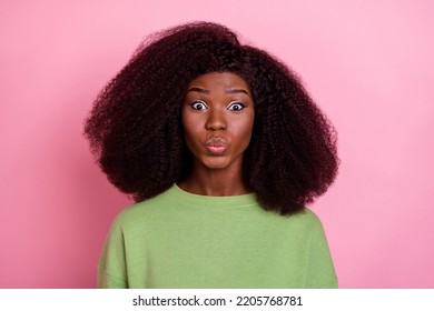 Photo Of Romantic Big Hairdo Brunette Lady Blow Kiss Wear Green Sweatshirt Isolated On Pink Color Background