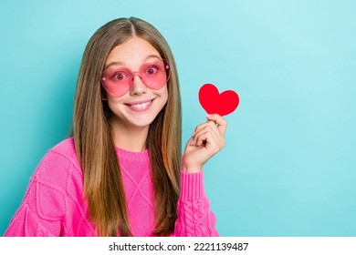 Photo Of Romantic Pretty Cute Lady Hand Arm Hold Red Paper Card Shape Celebrate Holiday Empty Space Isolated On Cyan Color Background