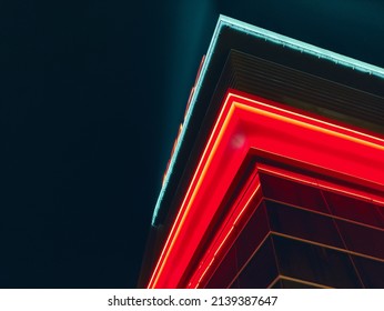 Photo Of The Roof Of The Shopping Center At Night, Neon Illumination Of The Office Building, Corner Of The Modern Building Building 