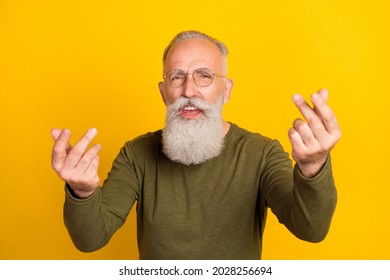 Photo Of Sad Aged Grey Beard Man Yell Wear Eyewear Green Sweater Isolated On Yellow Color Background