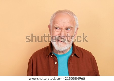 Photo of sad aged white hairdo man look promo wear brown shirt isolated on beige color background
