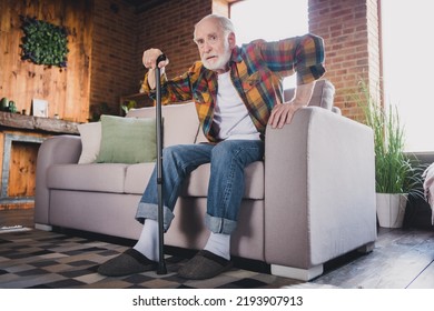 Photo Of Sad Lonely Retired Man Dressed Plaid Shirt Need Help Nursery Cane Getting Up Couch Indoors Apartment