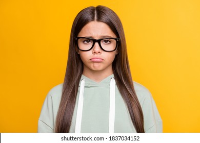 Photo Of Sad Stressed Funny School Girl Wear Casual Grey Outfit Glasses Isolated Yellow Color Background