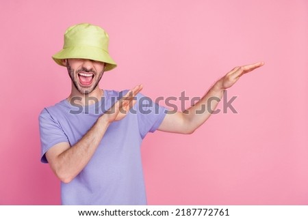 Photo of satisfied guy eyes hidden enjoy summer holiday disco trendy head accessory empty space isolated on pink color background