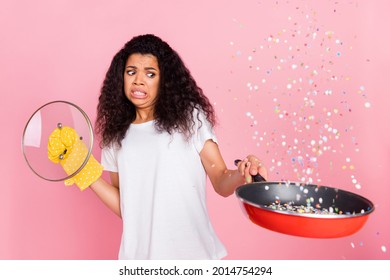 Photo Of Scared Funny Dark Skin Lady Wear White T-shirt Having Burnt Dinner Isolated Pink Color Background