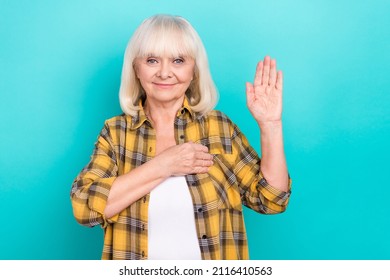 Photo Of Senior Lady Making Promise Tell The Truth Trust Devotion Isolated Over Turquoise Color Background