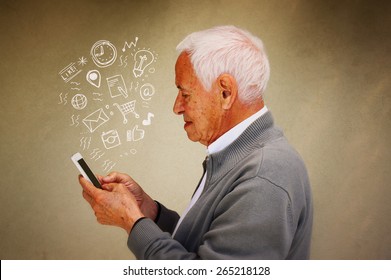 Photo Of Senior Man Using Smartphone With Set Of Social Media Infographics