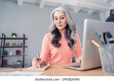 Photo Of Serious Calm Attractive Old Woman Write Notebook Plan Laptop Indoors Inside House Home Flat Office