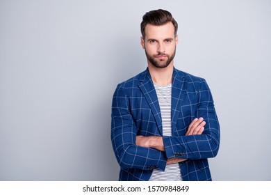 Photo Of Serious Confident Smart Man With Hands Folded Bristle Staring At You During Job Interview With No Emotions Isolated Grey Color Background