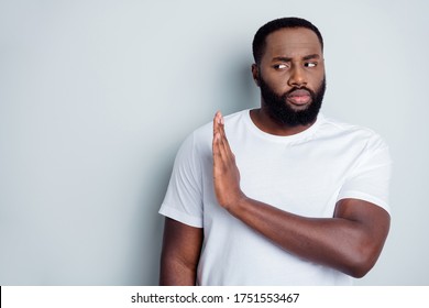 Photo Of Serious Dark Skin African Guy Community Group Member Say No Violence Against Black Citizens Lawlessness Raise Arm Empty Space Care Every Human Life Isolated Grey Color Background