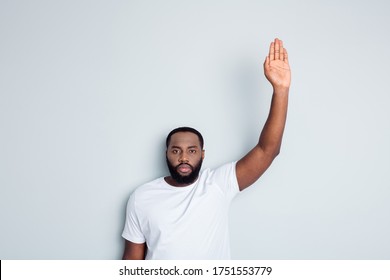 Photo Of Serious Dark Skin African Protester Community Group Volunteer Raise Arm Stand Against Black Citizens Lawlessness Wish Stop Police Murder People Concept Isolated Grey Color Background