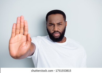 Photo Of Serious Disappointed Dark Skin African Protester Community Group Against Black Citizens Lawlessness Raise Arm Stop Murder People Concept Wear T-shirt Isolated Grey Color Background