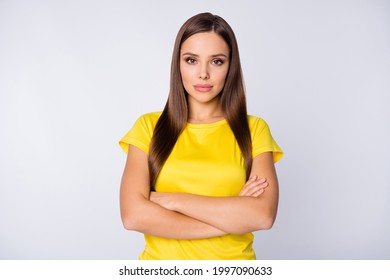 Photo Of Serious Lady Skilled Player Soccer Women Team Stand Arms Crossed Not Smiling Concentrated On Game Rules Wear Football Uniform Yellow T-shirt Isolated White Color Background