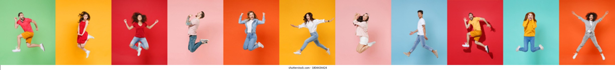 Photo set collage of eleven multiethnic expressive happy young people group wearing t-shirts having fun, jumping or flying up in air different poses isolated on colorful background, studio portraits