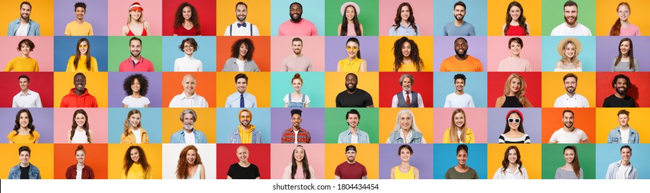 Photo set collage of faces of multiethnic happy fun smiling people, men and women group different ages wearing casual clothes isolated on colorful background studio portraits. Human facial expression - Shutterstock ID 1804434454